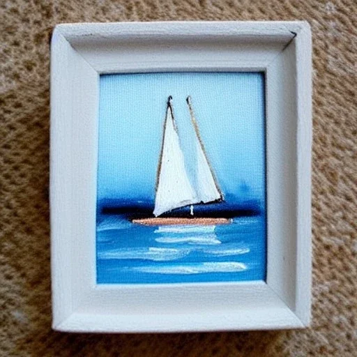 tiny oil painting of tiny sailboat, plain white background, solid white background, tiny white canvas, tiny white frame, melancholy, tender, moody, vintage, delicate arrangement, beautiful composition, etsy, aesthetic layout, plain solid white background