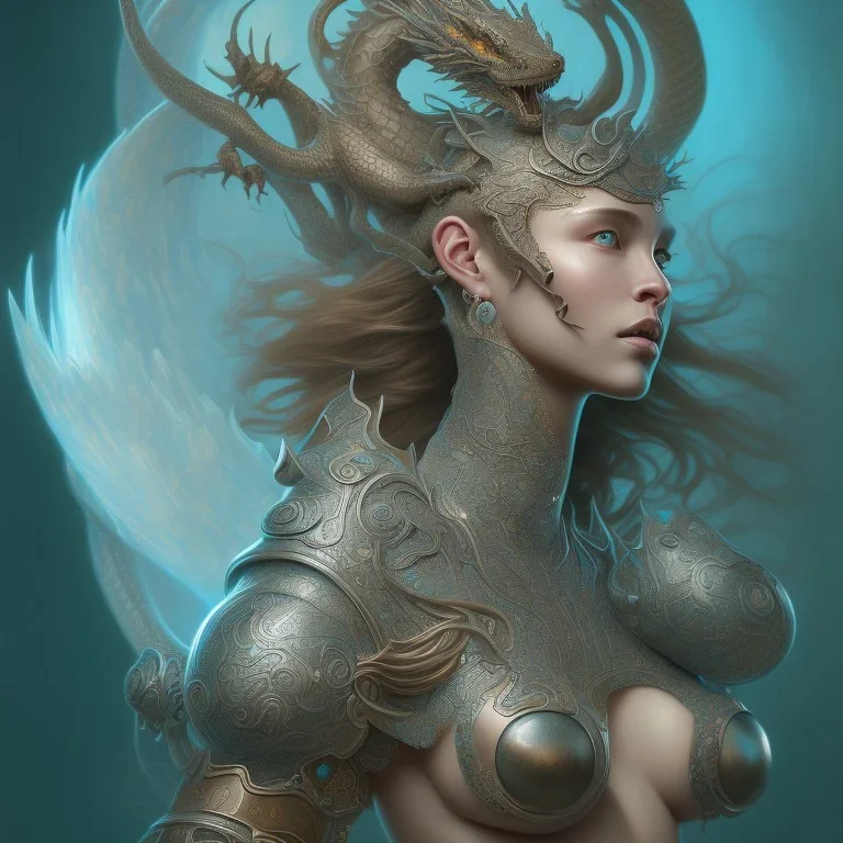 sango fantasy, fantasy magic, intricate, sharp focus, illustration, highly detailed, digital painting, concept art, matte, artgerm and paul lewin and kehinde wiley, masterpiece silver dragon head bronze African nice breast Afo woman turquoise waves