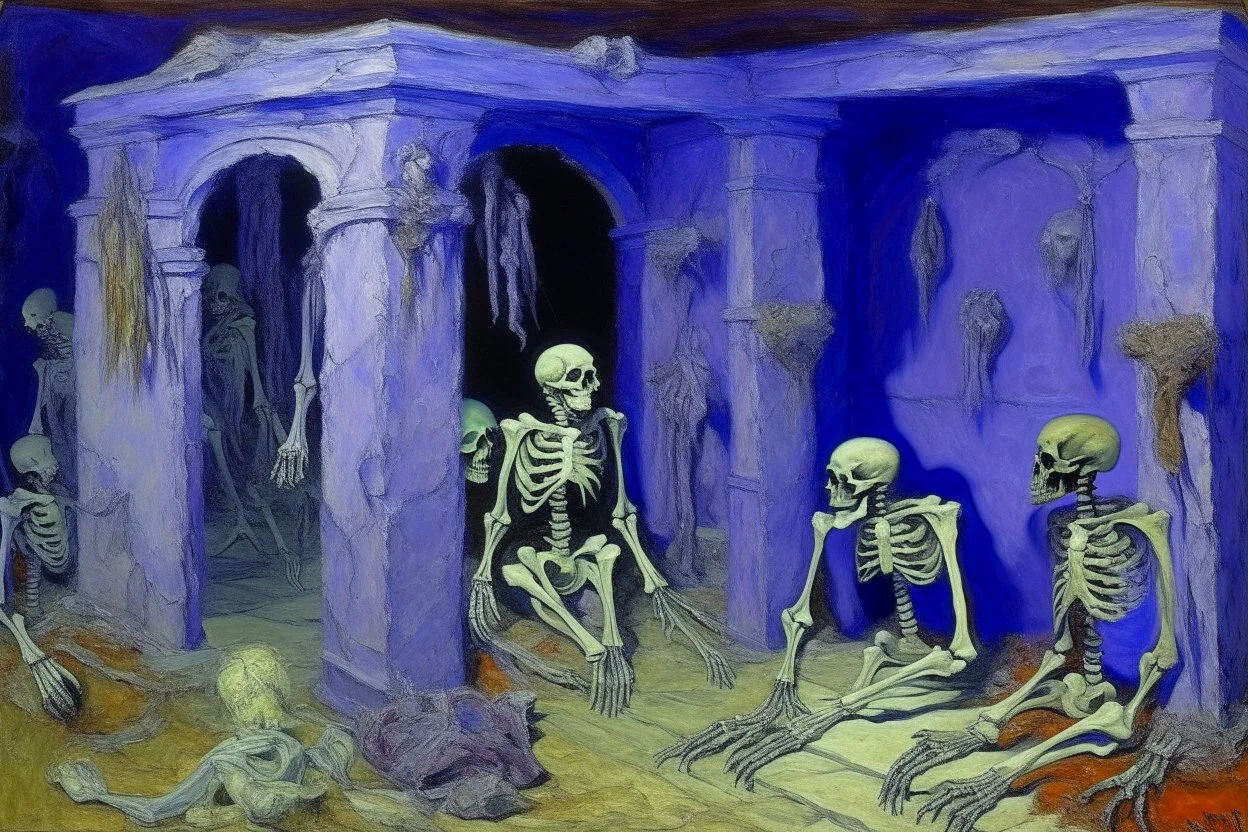 A violet crypt with bones and zombies painted by Claude Monet