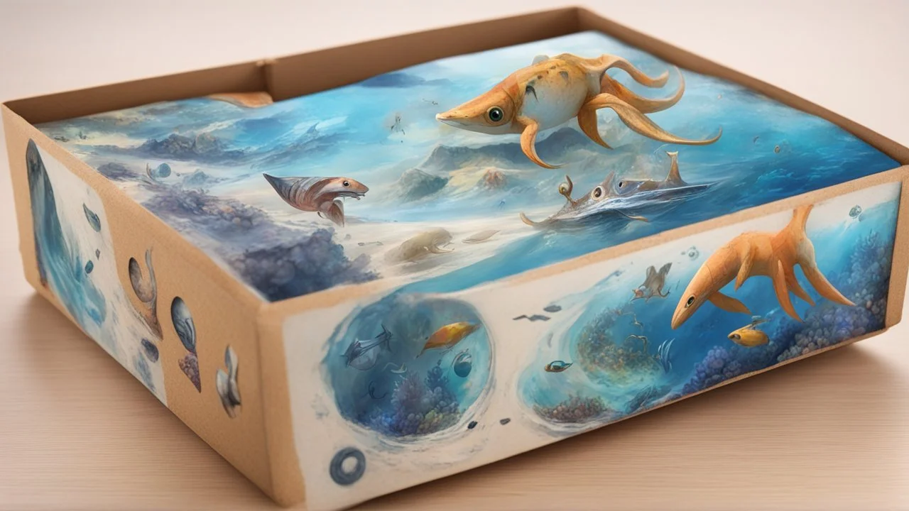 a box 10 cm long by 5 cm wide and 25 cm high, with drawings of animals from Subnautica