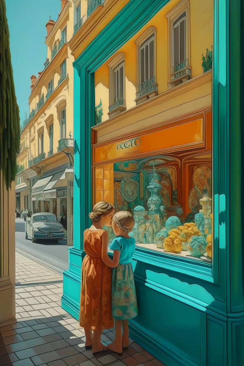 Neoclassicism mother and child looking at a shopwindow distend zoom out realistic cote d'azur colorfull