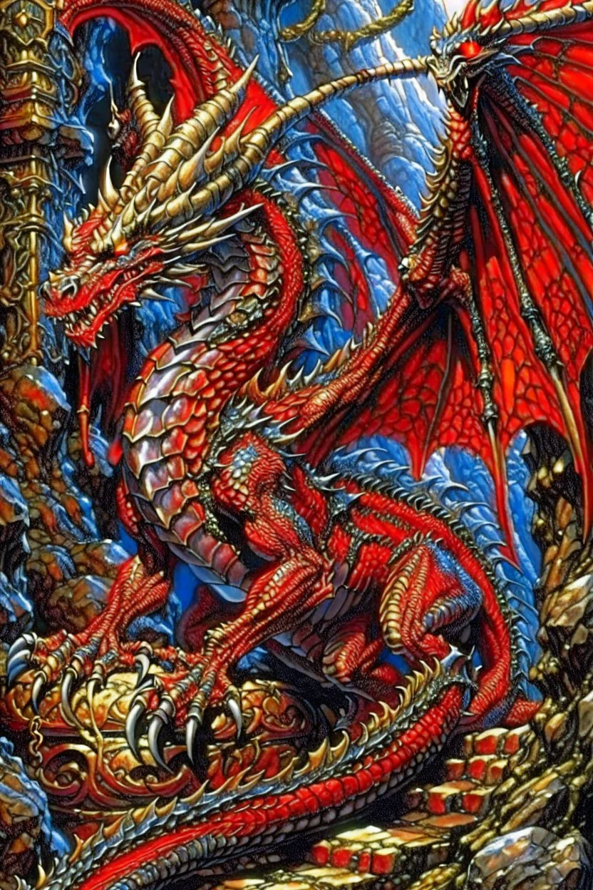 a huge red dragon guarding af treasure of gold, silver and diamonds. style of Larry Elmore.