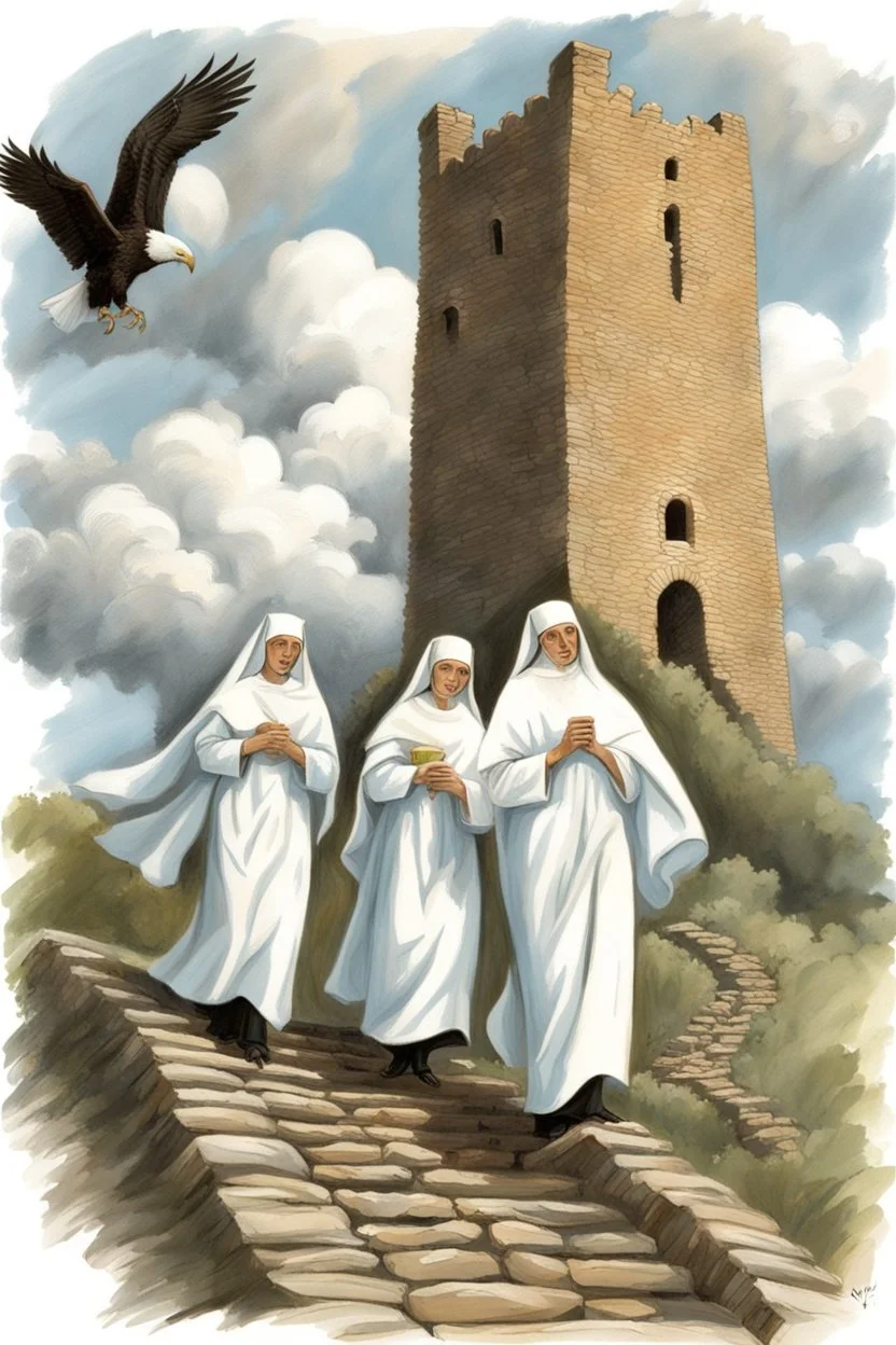 nuns in white climbing up broken stairs leading up a steep hill to an old crumbling tower. Storm clouds. Eagles flying around the tower. By artist "Bluefooted",by artist "Peter Hurd"