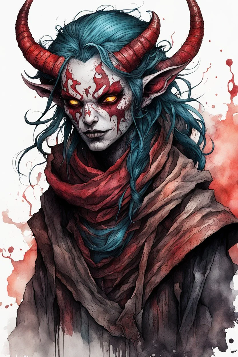 highly detailed full color, ink wash and watercolor concept illustration of an ancient, haggard, world weary, female Tiefling anti heroine character , maximalist, sharp focus, highest resolution, in the styles of Alex Pardee, Denis Forkas , and Masahiro Ito, boldly inked, 8k, coarse, gritty textures