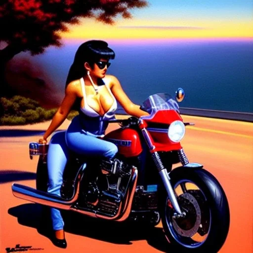 portrait of busty beautiful 'Female Rider on Shotaro Kaneda's Bike',painting by Earl Norem, simon Bisley, evan lee, 86-86, oil on canvas, cinematic composition, extreme detail,fit full head inside picture,8k