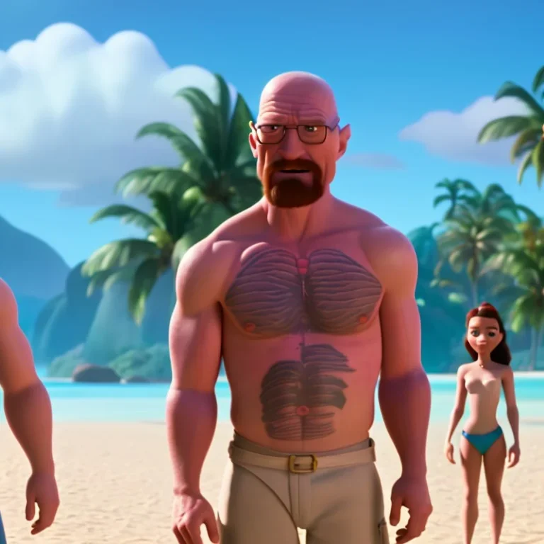 shirtless Walter White family , 8k, tropical background, unicorn tattoo,