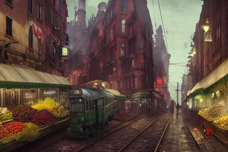 Corner Train run raid Train Canal River and corner shop greengrocer in colorful Italian street+Gothic city+BioShock+Dishonored+Bloodborne +trieste+Edinburgh+Chicago+victorian London+decòpunk Skyscraper+ +steampunk+biopunk+alphonse mucha, greg rutkowski,matte painting, cryengine, hyper detailed, felix kelly, fantasy art, seb mckinnon