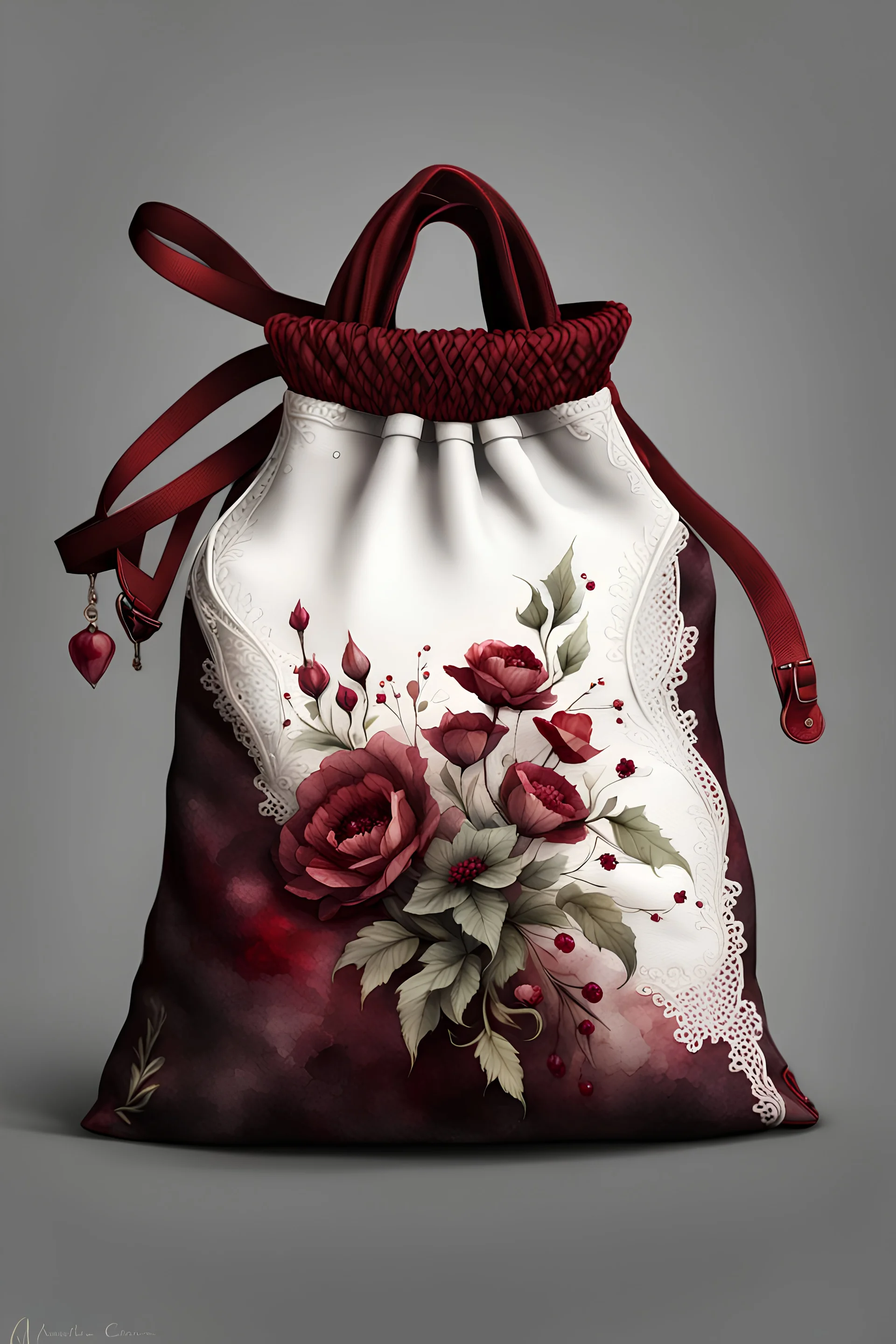 watercolor gothic vintage drawstring bag, purse, pouch, dark red with flowers, white lace and rubies, white background, Trending on Artstation, {creative commons}, fanart, AIart, {Woolitize}, by Charlie Bowater, Illustration, Color Grading, Filmic, Nikon D750, Brenizer Method, Side-View, Perspective, Depth of Field, Field of View, F/2.8, Lens Flare, Tonal Colors, 8K, Full-HD, ProPhoto RGB, Perfectionism, Rim Lighting, Natural Lightin