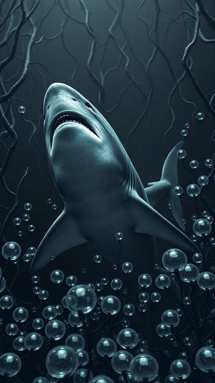 Giant gray shark in a gray background of black vein, human veins, mixing together a lot of them, like a forest, big and small veins a lot of them, crystal balls