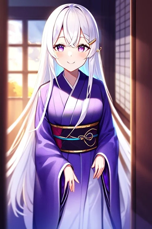 girl, masterpiece, best quality, cinematic lighting, detailed outfit, vibrant colors, perfect eyes, white hair, purple eyes, long hair, kimono, indoors, light rays, hairclip, smile,