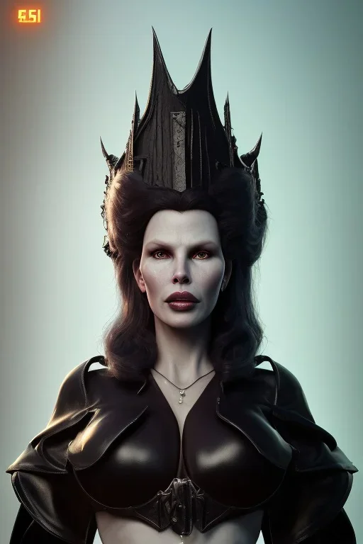 Kim Basinger as evil queen in black leather, busty, cleavage, curvy, angry, happy, stern look. character design by cory loftis, fenghua zhong, ryohei hase, ismail inceoglu and ruan jia. unreal engine 5, artistic lighting, highly detailed, photorealistic, fantasy