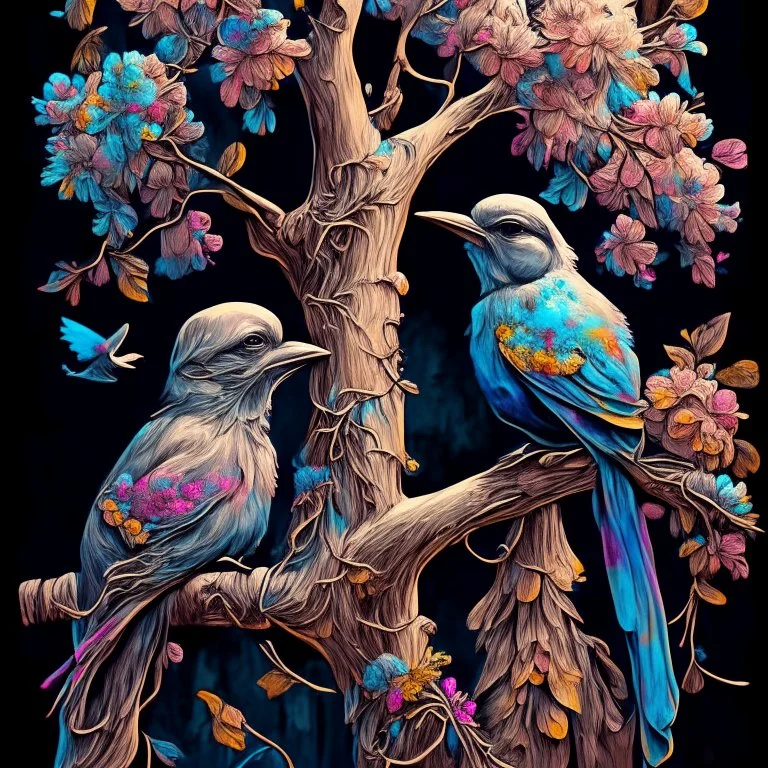 Fantasy birds in a tree, highly detailed, attractive beautiful, 1800’s, surreal, soft moody color splash, ink flowers on the ground Modifiers: digital painting extremely detailed fantasy high definition crisp quality Zentangle Style