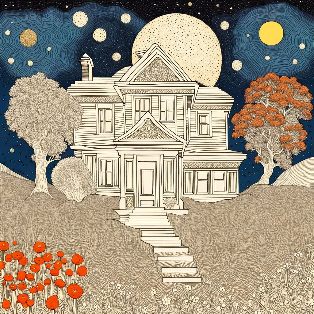 Colourful, peaceful, Max Ernst, Gustav Klimt, René Magritte, lone house, night sky filled with galaxies and stars, rock formations, trees, flowers, one-line drawing, sharp focus, 8k, 3d, intricate, ornate