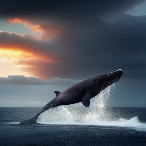 photograph of beautiful sperm whale jumping out of turbulent ocean water, stunning, magnificant, sunset sky, 8k resolution, high-quality, fine-detail, detailed matte, photography, illustration, digital art, Jeanloup Sieff, Marc Adamus, Ann Prochilo, Romain Veillon