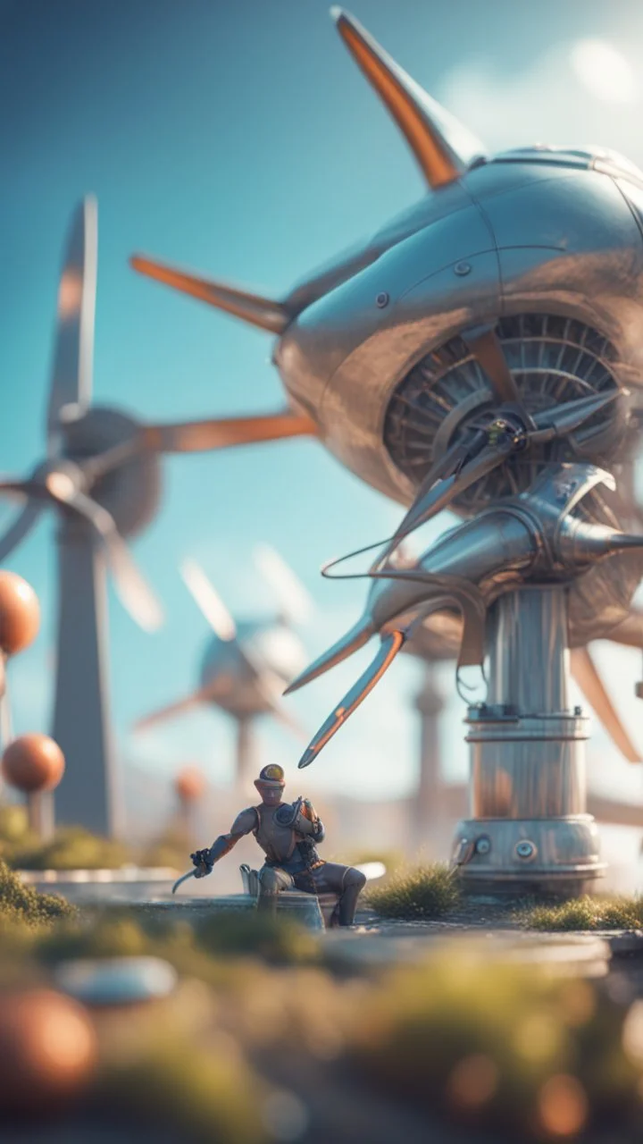 slimy exotic alien janitor operating futuristic wind turbine,bokeh like f/0.8, tilt-shift lens 8k, high detail, smooth render, down-light, unreal engine, prize winning