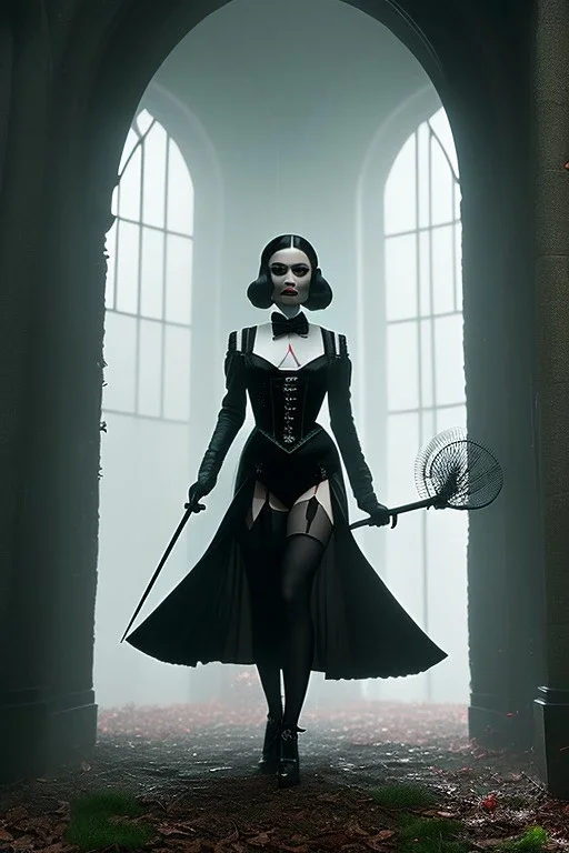 mdjrny-v4 style, wednesday addams in sexy lingerie, horror film by tim burton, cinematic lighting, Hyperrealism, 8k uhd