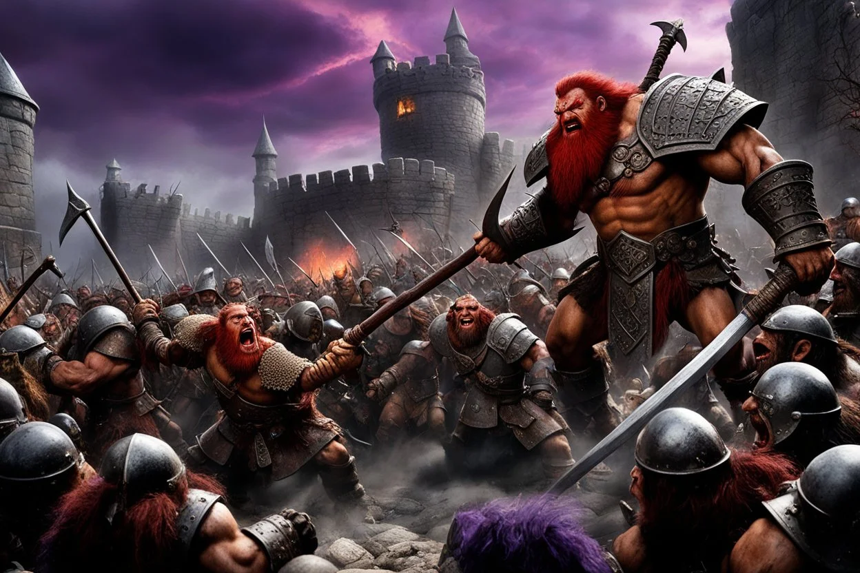 (photo of a movie by Ray Harryhausen) Chaotic battle scene during Dwarven defense against Orcs. Gritty, muscle-bound Dwarven warrior with red-beard swinging an axe into an Orc helm, intense rage expression. in the Background: a crowd of attacking Orcs and one tall armored Troll. Tall fortified Wall. Dark, turbulent, psychedelic sky with purple and deep green clouds, lightning flashes. Setting is mountain fortress, ground is muddy chaos. Smoke plumes and firelight from burning warmachines cast d
