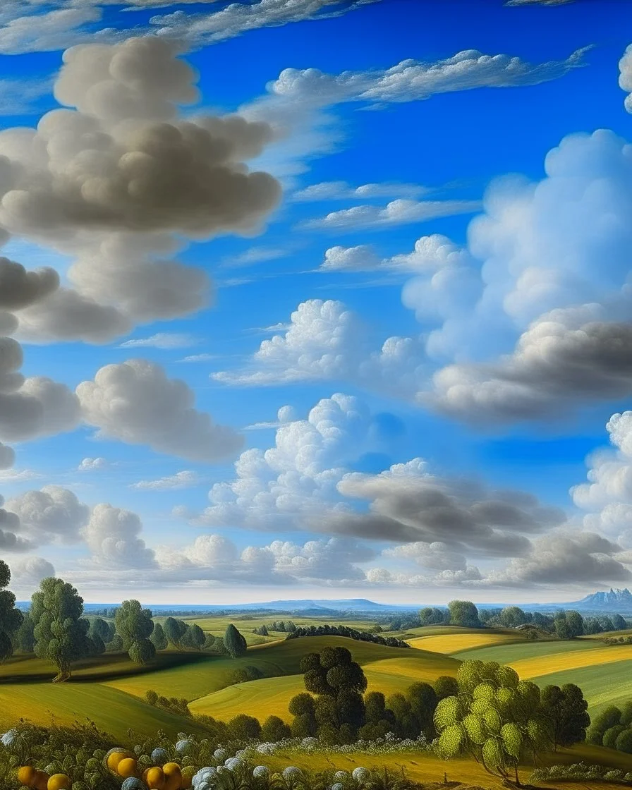 A sky blue farmland in the puffy and cloudy sky painted by Lucas van Leyden