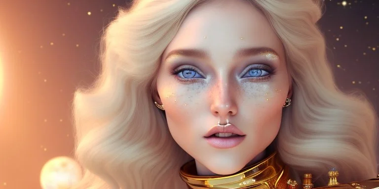 brown eyes, laugh, blonde sophie hennie cute young woman singing at saturns europa moon, golden jewelry, ice cold, winter, magnificent, majestic, highly intricate, incredibly detailed, ultra high resolution, complex 3d render,renaissance painting