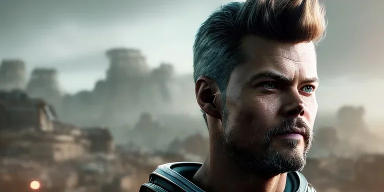 portrait, Handsome The Callisto Protocol elder Josh Duhamel, Space suit, post-apocalyptic in a cyberpunk city, realistic, intriacte detail, sci-fi fantasy style, volumetric lighting, particales,highly detailed,cinamatic, deep