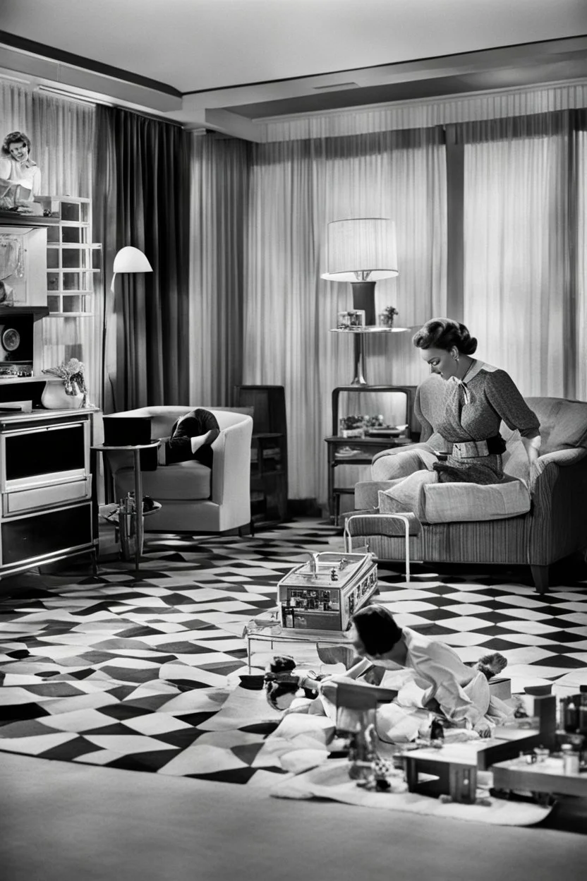 A tall housewife looking down at a doll house on the floor of a 1950s living room. In the style of the 1950s black-and-white movie The Incredible Shrinking Man.