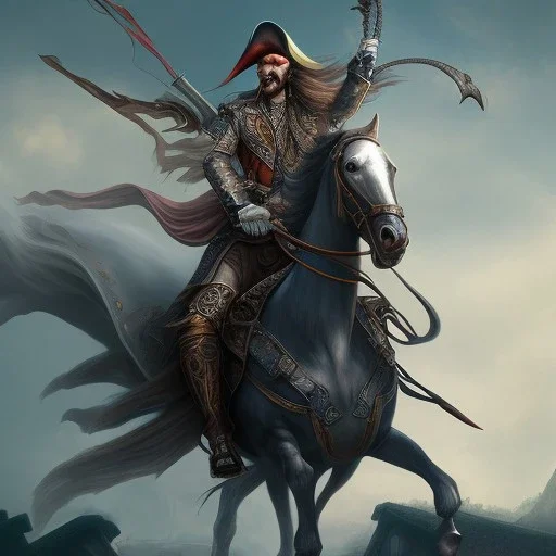 Dark wearing pirate riding a horse with a wing and a dragon face