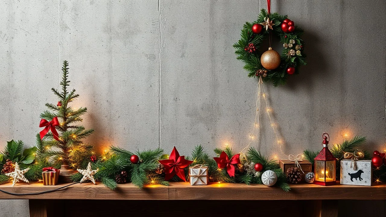 Hyper Realistic Photographic Centre Shot Of Christmas Decorations With Fairy Lights On A Grunge Rustic Wall.