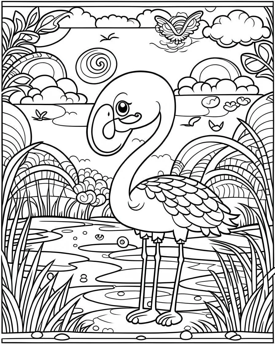 create a 2d black outline, "safari smiling cartoon flamingo coloring book for toddlers", coloring page, low details design, black contour, coloring page design, simple background, colorful , card style, coloring page for kids, white background, sketch style, safari landscape, cartoon style