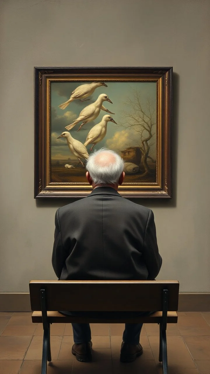 Bosch painting style a rear view of an old man sitting on a bench facing a a surrealism picture on the wall , show from the back of the picture