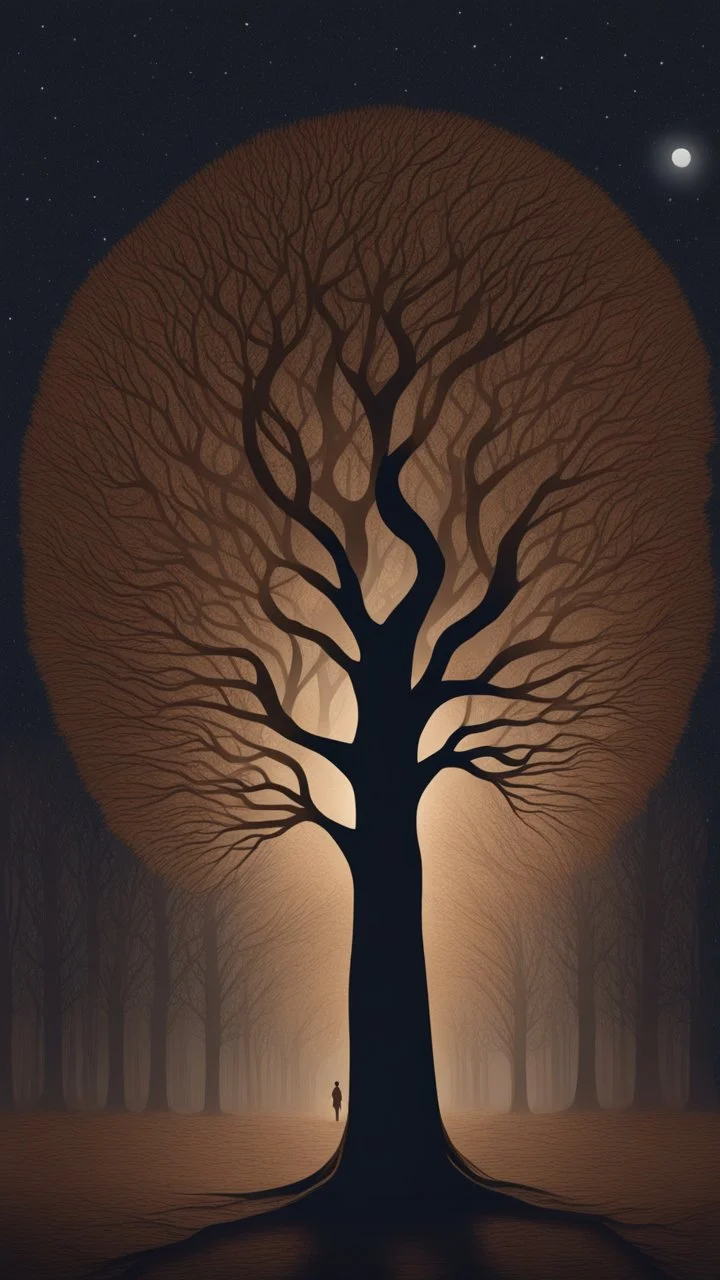 In the woods of hands at night, a of a tree shape, brown skin, night, night, tall, thin field of thousands of hands standing migrating