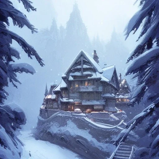 Snow,Chalet on bridges between chasm,mountains cliff, mountain peak,detailed facades+beautiful,richly detailed houses,trees,ornamental flowers +uphill road+biopunk+Book illustration by Gediminas Pranckevičius, Jean Baptiste Monge, Brian Kesinger, Anton fadeev, strong lines, high contrast vibrant colors, highly detailed, 16k resolution