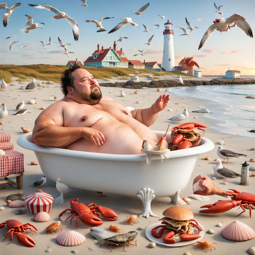 Fat man in a claw foot bathtub on a beach. Surrounded by seagulls, lobsters and crabs. there is a colorful light house in the background.