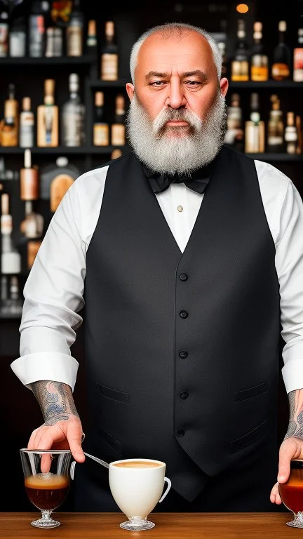 full figure photography of a turkish barman serving coffee, 62 years old, strong chubby man , bearded, in vest, shaved hairs, tattoo, serious eyes, photorealistic, Canon EOS, hyper-realistic, very detailed, emotive eyes, natural colours, sunlight