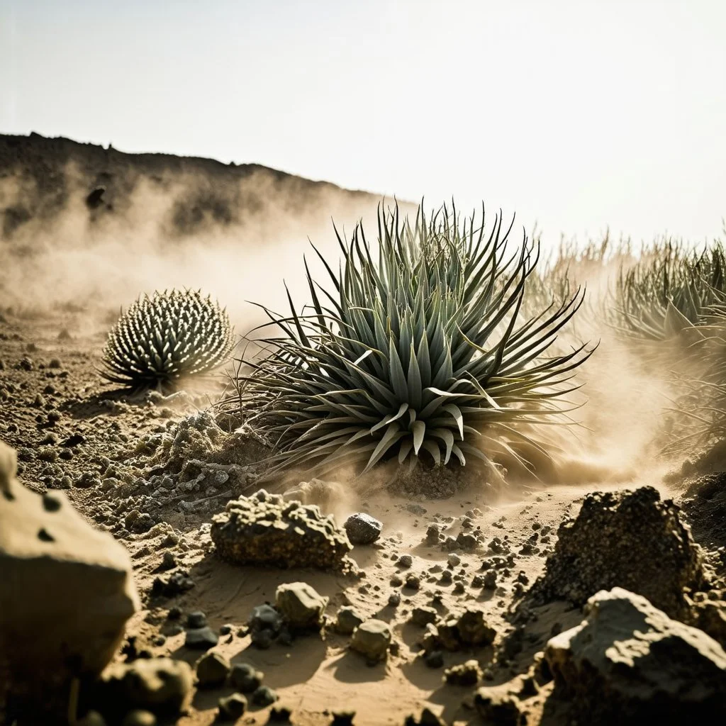 A striking quality Kodak photograph captures a wasteland with liquid and group of monstruous plants, creepy, details of the dust very accentuated, glossy organic mass, adorned with minerals and rocks. Bathed in intense light, eerie, Max Ernst style, white sun, fluids, fog, paranoic, obsessive