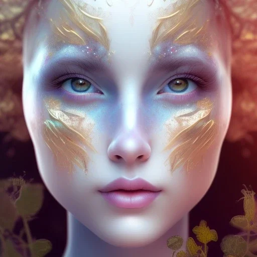 Portrait of beautiful girl, face dept of field,face shining, plant, metal, feathers,central weight average, CWA Dryad, fae, sidhe, ominous, nature, plants, wildflower sparkle,wildflower 3d view, facepaint, dnd character portrait, intricate, oil on canvas, masterpiece, expert, insanely detailed, 4k resolution, retroanime style, cute big circular reflective eyes, cinematic smooth, intricate detail , soft smooth lighting, soft pastel colors, painted Renaissance style,sharp fucus, bokeh,macro lens,