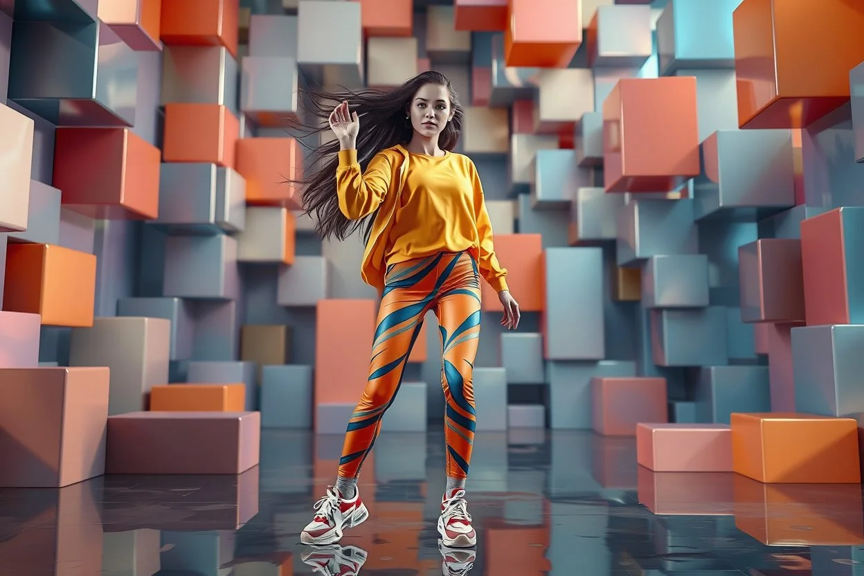beautiful lady with todays modern clothing and sport shoes, in surreal stage made of 3d fractal random size recursive objects with helical strip colors in clothing similar to environment full body dancing to camera,animating background metallic random color cubes