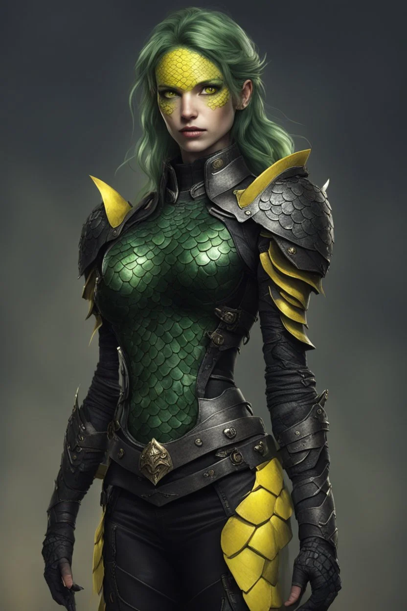 a female humanoid snake, wearing a black leather armor, green scales, yellow eyes