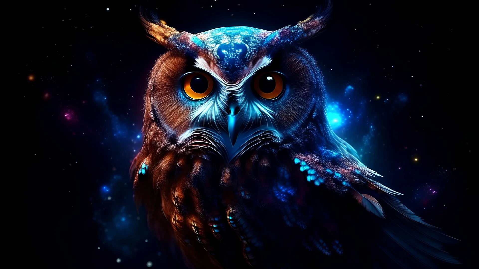 Magical owl in space. nebula , Flying Petals, Sparks, Lightning,, Portrait Photography, Fantasy Background, Intricate Patterns, Ultra Detailed, Luminous, Radiance, Ultra Realism, Complex Details, Intricate Details, 16k, HDR, High Quality, Trending On Artstation, Sharp Focus, Studio Photo, Intricate Details, Highly Detailed, hearts. colorful