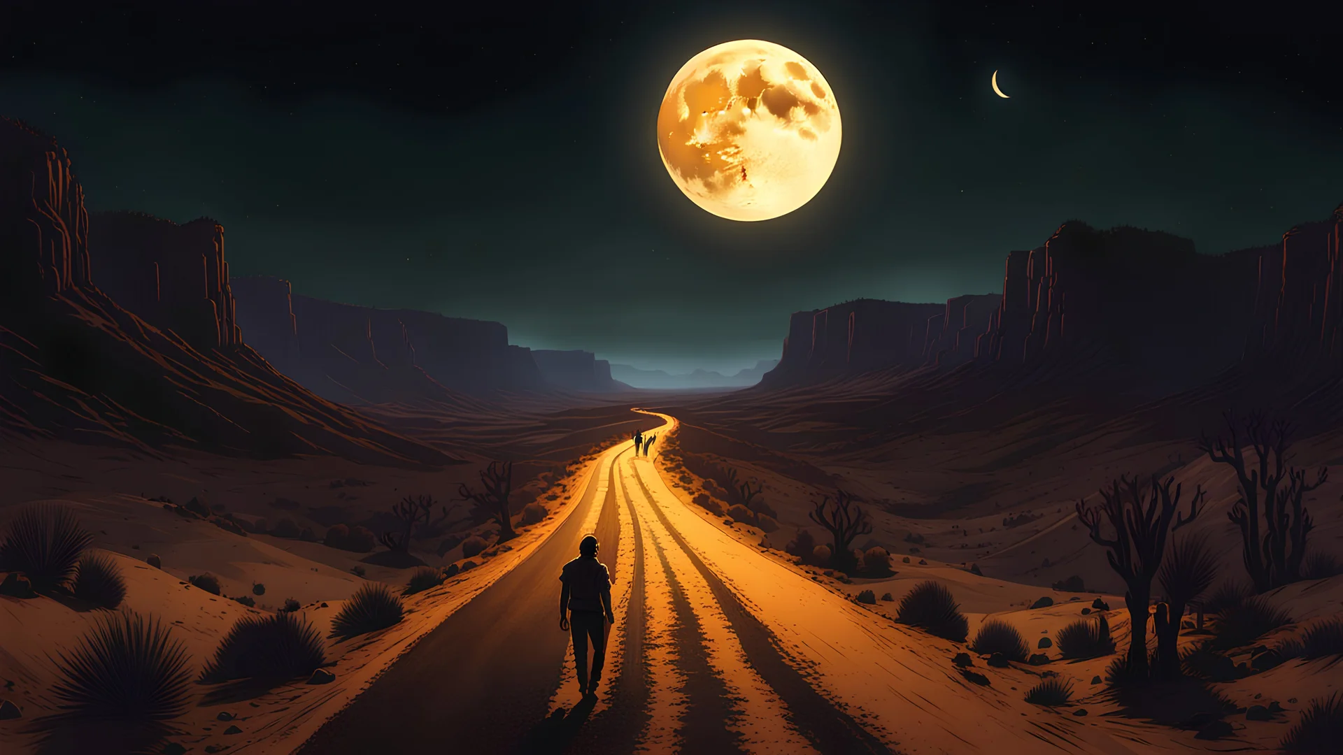 A decaying, gaunt, shuffling zombie walks down a long, straight road in a desert canyon at night under a large, amber moon, cel-shaded, hyperrealistic, ultra-detailed digital illustration, deep, dark colors, color sketches, horror art, moody, atmospheric, depth of field, liminal spaces, illuminated.