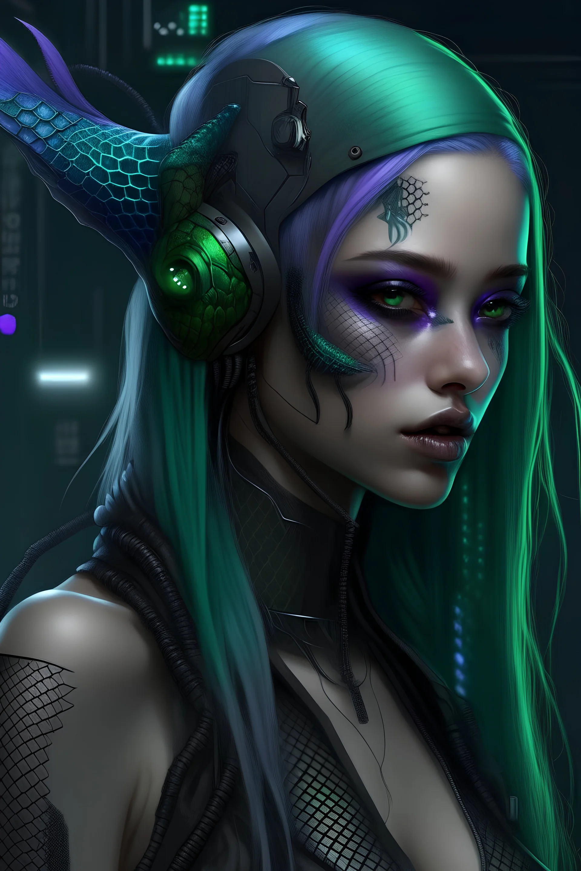 mermaid Cyberpunk some scales on face