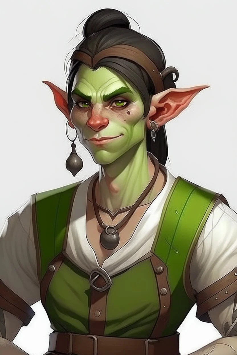 strong tomboy young half orc male who works at a tavern with pointy ears and green skin realistic