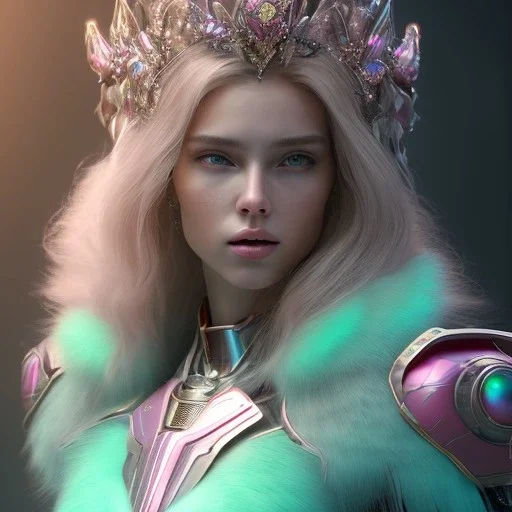 A portrait of a crystalised queen, atmospheric, realistic, unreal engine, cinematic lighting, octane render, transparent, pink turquoise light, long blond hair, pink lips, extremely sharp detail, finely tuned detail, ultra high definition, 8 k, unreal engine 5, ultra sharp focus, accurate sword wings, positive smile, highlight luminous suit blue and pink