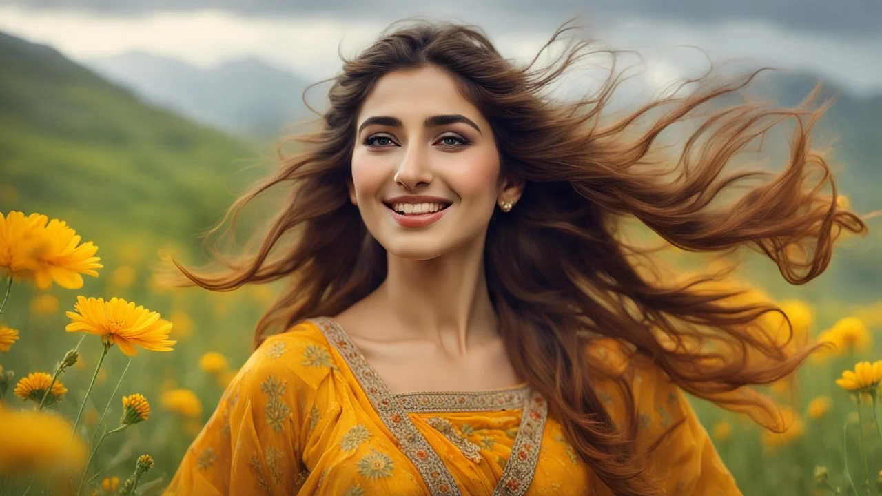 Hyper Realistic Photographic Close-Up View Of A Beautiful Young Pashto Woman With Beautiful Eyes Lips & Nose (Wearing Beautiful Yellow Frock With Orange Floral Patterns On It Her Beautiful Long Hair Whirling In Air) Happily Whirling & Smiling On Grassy-HillTop With Yellow-Flowers & A Valley Down, At Cloudy Weather With Heavy Rainfall Showing Dramatic & Cinematic Ambiance.