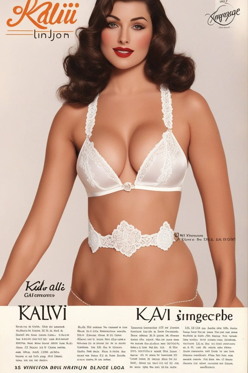 Vintage Lingerie Catalog Page: KALVI ALL GARMENTS ARE AVAILABLE IN WHITE 8 Deep plunge lace trim Nyion Satin Bra. Adjustable stretch straps. NYLON 85% minimum. 11R 623 Peach Plunge Bra 11J 624 White Plunge Bra Order bust 32A 34A 36A sizes: 34B 36B 388 34С 36C 38C C3.99 Nyton Satin deep lace trim French Knickers. Cotton lined ousset NYLON. 105 452 Peach 10X 453 White Order hip sizes: 34/38 ins. French Knickers C3.50 10 yion Satin deep lace trim Cami Krickers. NYLON. 10W 458 Peach 10E 459 White Or