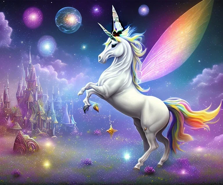 mondo fairy (fiori, violetti, bianchi, blu e gialli) un unicorno, cavalli alati cielo stellato, astronavi, arcobaleno cosmico