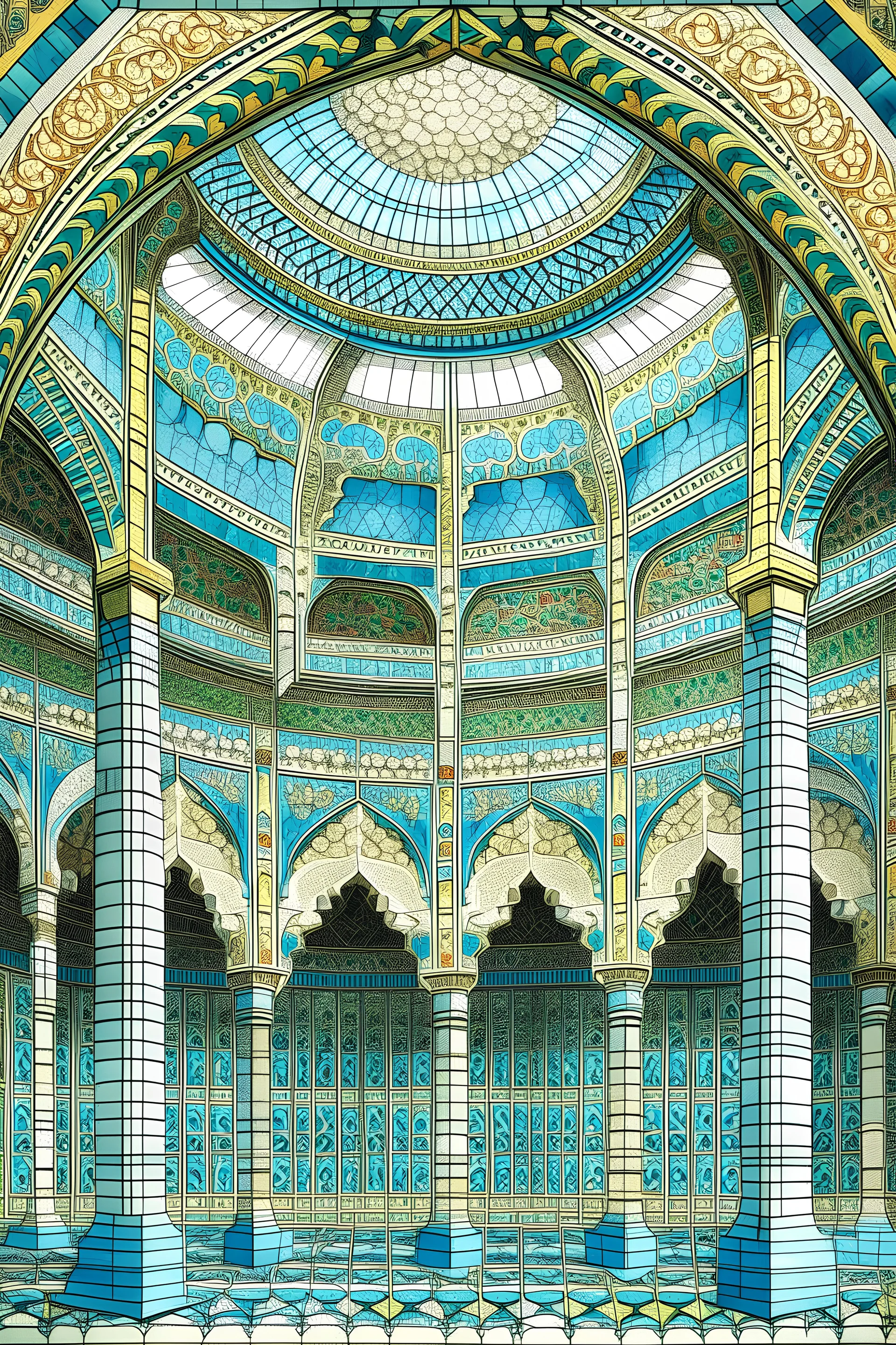 Drawing, architectural, engravings, Islamic, art, geometric shapes, decorations, mosque, mosque ceiling, dome, plant shapes, large, relief, clear, colorful engravings