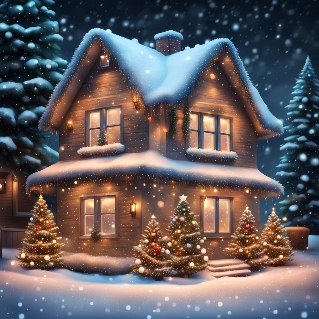 Hyper Realistic Decorated House with garland lights & christmas tree at snowfall night