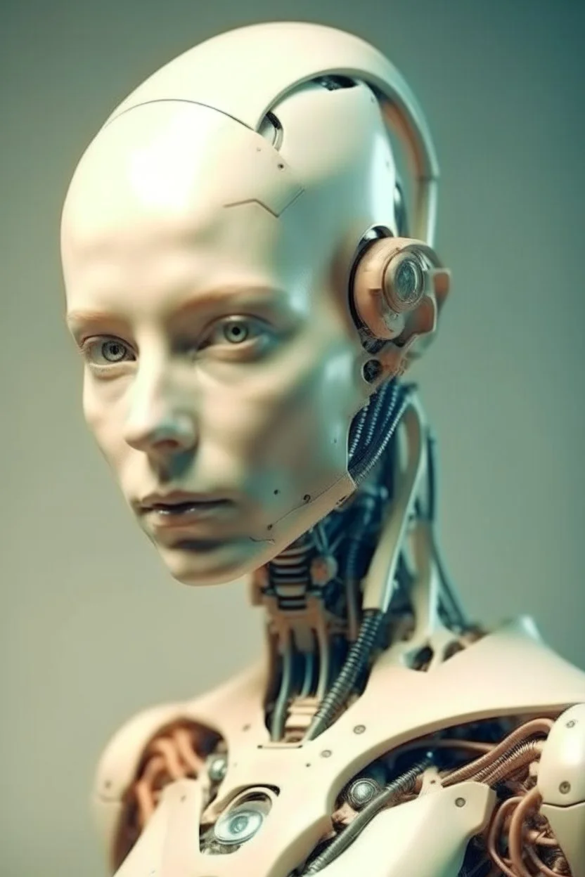 Portrait of a robotic woman, creamy colors, Albanian, no hair