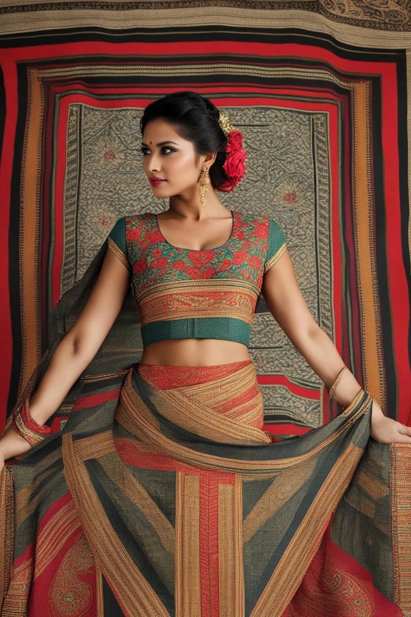 Aesthetic, 3D, Digitized, Hyper realistic, Surreal, Mesmeric, "Assamese Ethnic Tribal / Traditional Woven Women Attire" & Textile (Handloom) Industry themed Mekhela Chador (The bottom half of this distinct dress is called the 'Mekhela ', a round fit used waist downwards over a petticoat) designs, **Featured Designs:** The Futurist - A tech savvy, forward thinking woman shining the global spotlight on Assamese textiles through blogs, videos and podcasts. **Appearance:** Fictional female models en