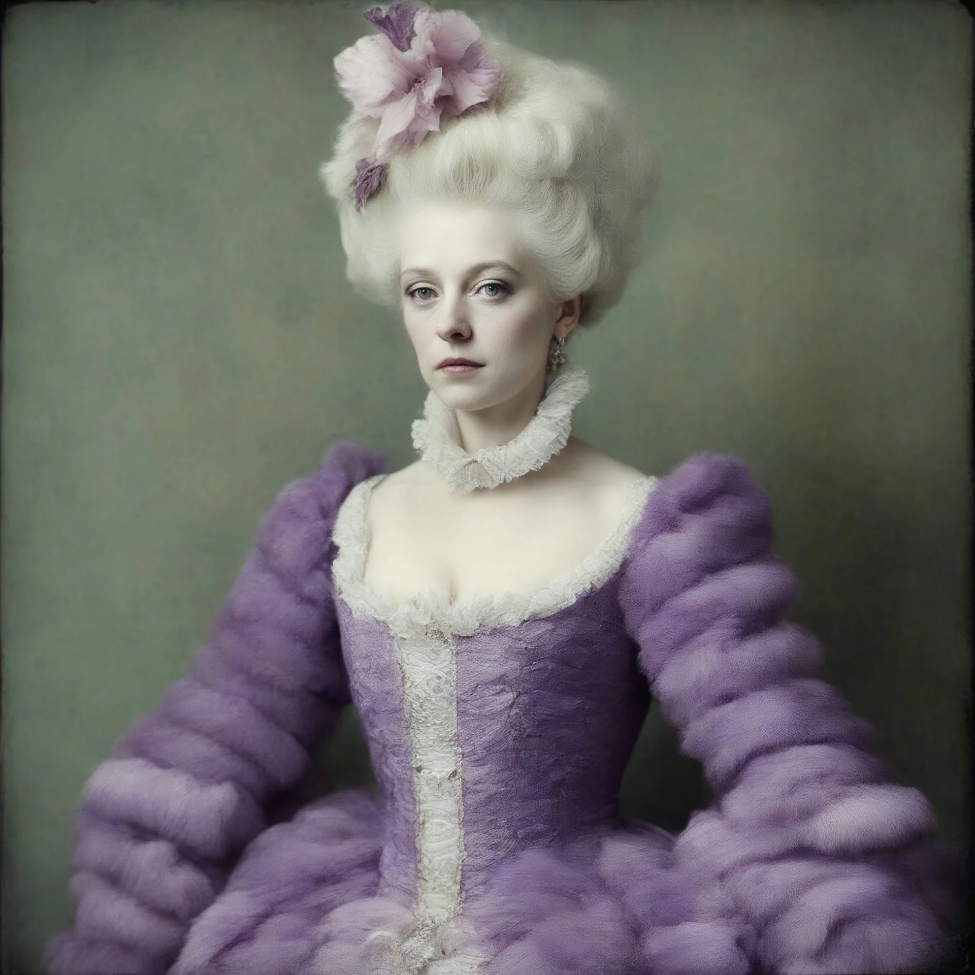 Marie-Antoinette,purple fur, striped wallpaper, old autochrome
